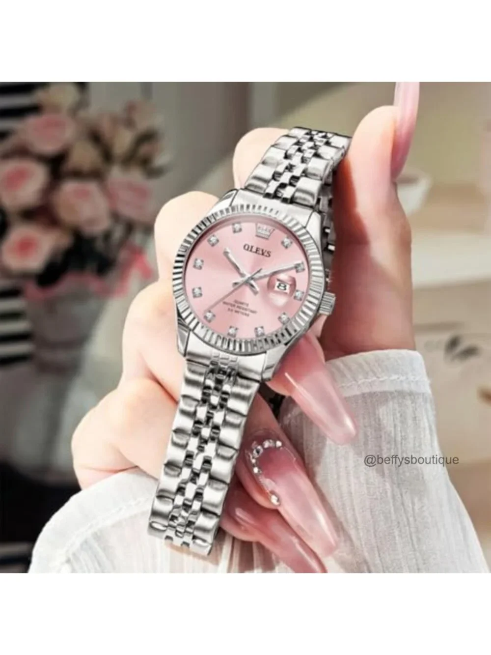 Elegant Stainless Steel Women's Quartz Watch with Calendar, Water Resistant,